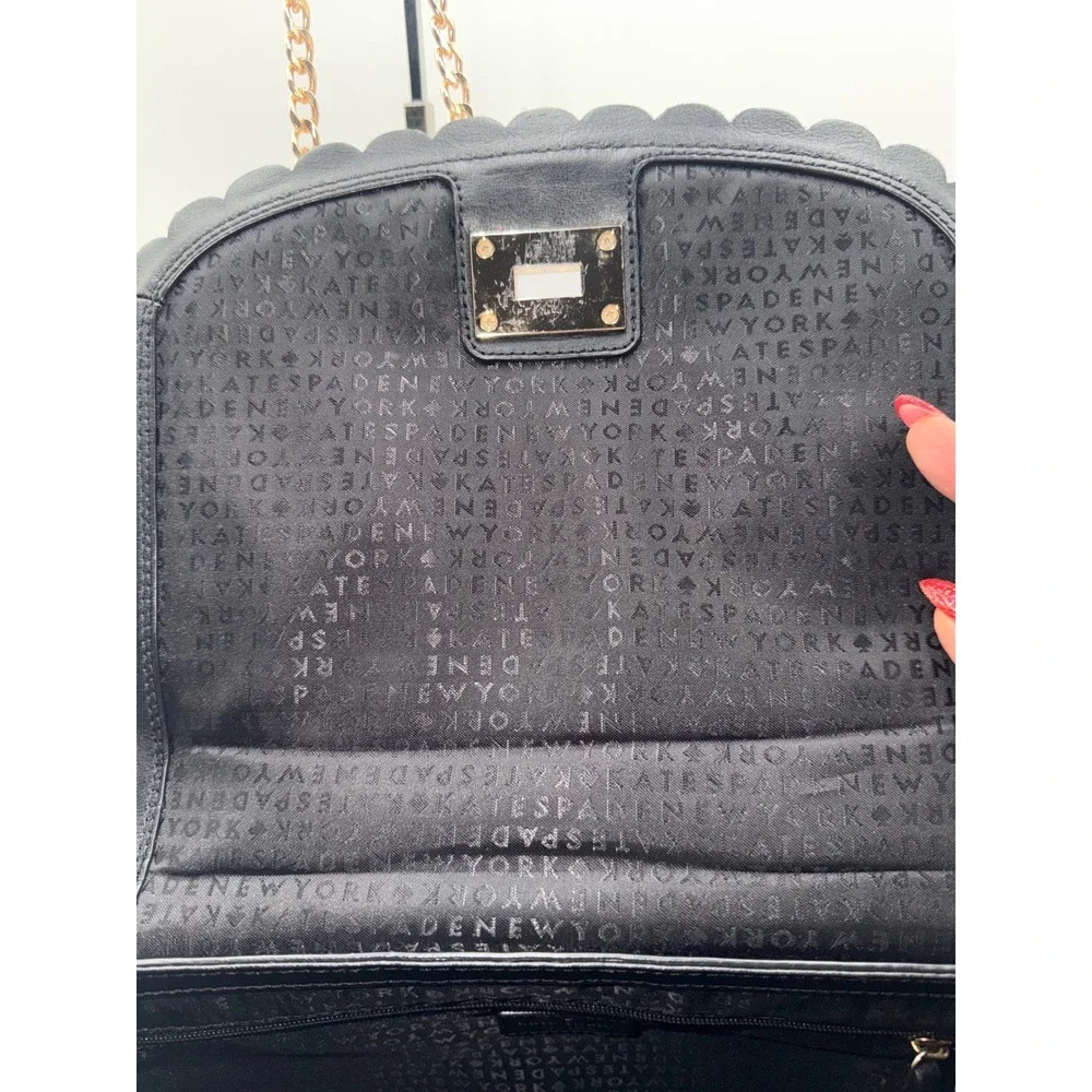 Kate Spade Black Scalloped Leather Crossbody Bag Gold Chain Strap Turn Lock